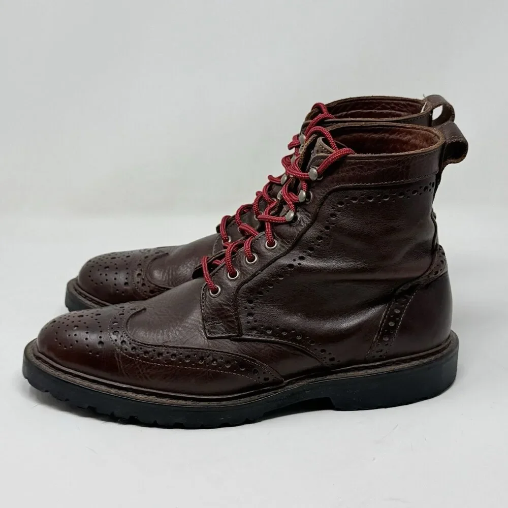 Allen Edmonds Long Branch Boots Mens 9.5 D Brown Leather Wingtip Vibram Lug Sole